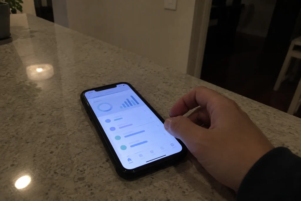 En hand håller i mobilen sent på kvällen, tema för så blockerar du tidskrävande appar på iPhone med Skärmtid.