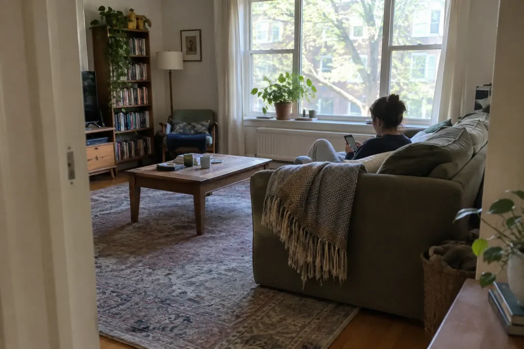 Person sitter avslappnat i soffan och kollar iPhone, tips för att blockera tidskrävande appar med Skärmtid.
