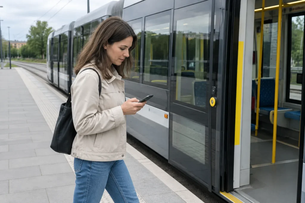 Kvinna på spårvagnshållplats tittar på mobilen för att uppdatera appar