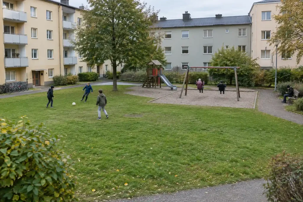 Barn leker i en gård medan ett sitter med en skärm, till ”All skärmtid är inte dålig”
