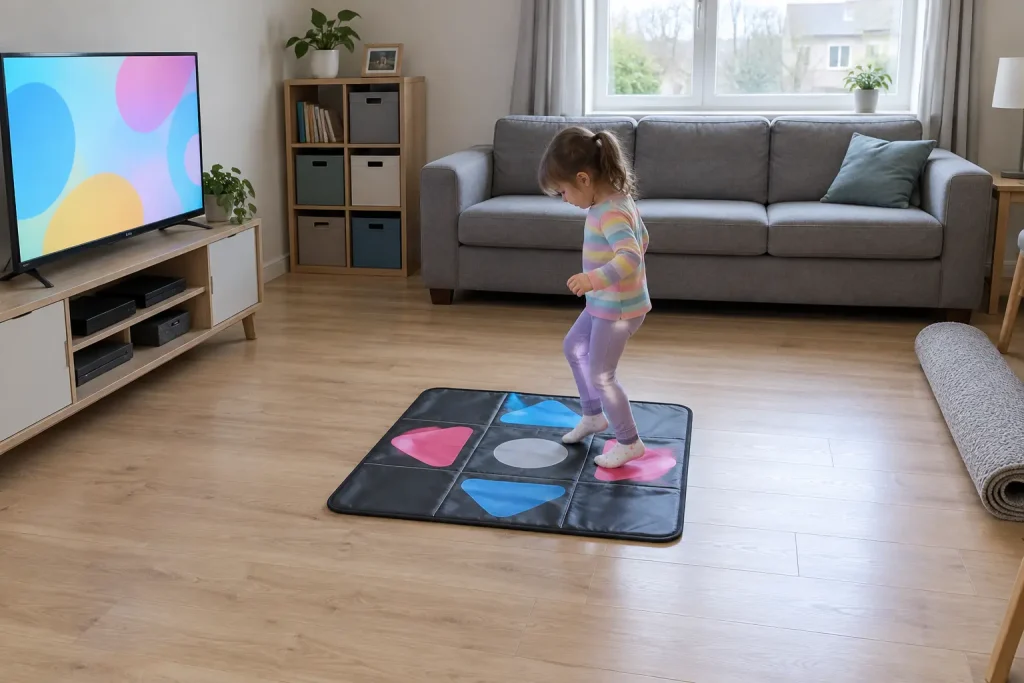 Barn står på en dansmatta i ett ljust vardagsrum och tittar ner på fötterna